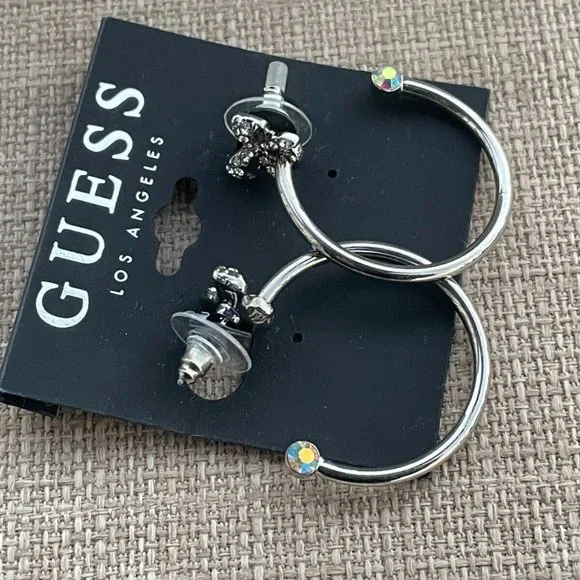 Guess Women Earrings Silver Tone Crystal Bow Hoops Jack Post New - Picture 3 of 11